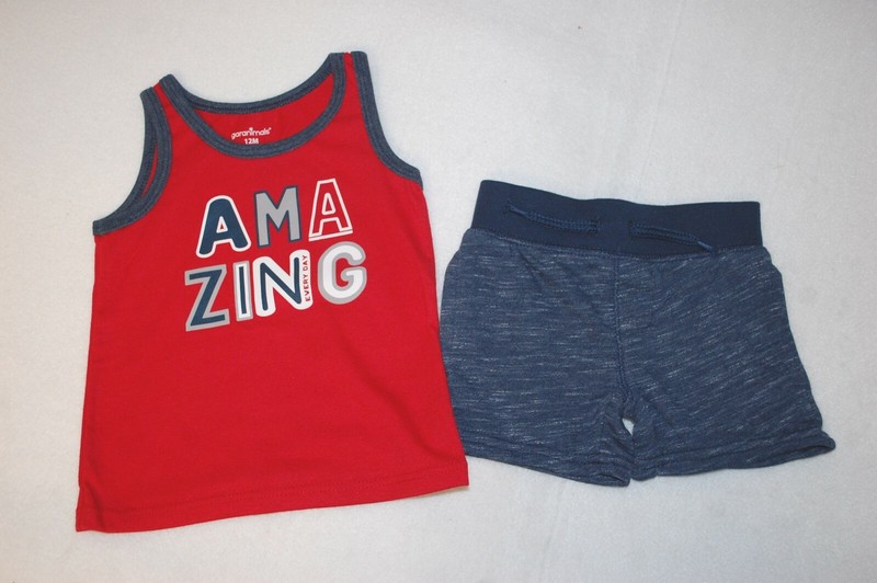 Baby Boys Outfit RED TANK TOP Slvless AMAZING EVERYDAY Blue Heather Shorts 12 MO