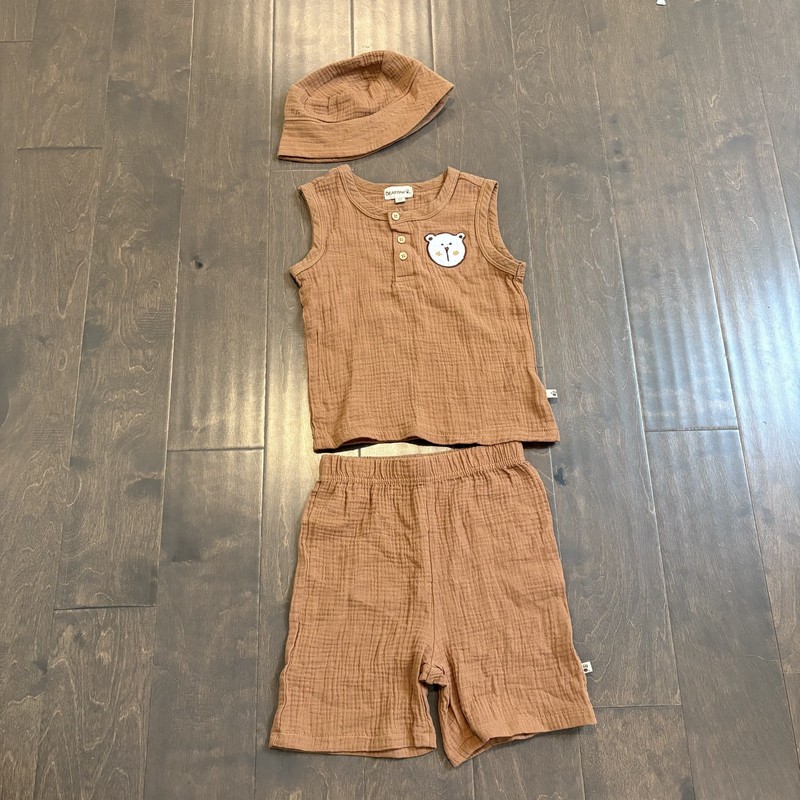 Bearpaw Kids 3 Piece Outfit Set 4T Muslin Tank Shorts Hat Bear Patch Toddler