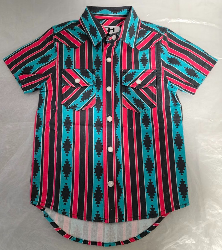 Western Aztec Stripe Cowboy Pearl Snap Shirt Teal Red Short Sleeve Size 18-24M