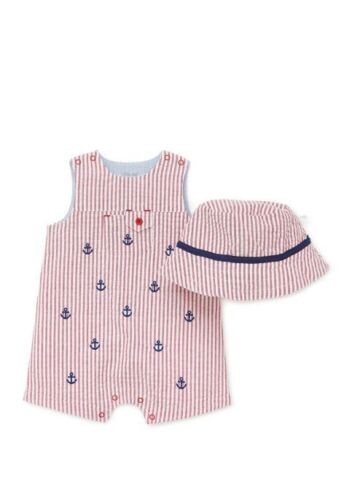 Boys Little Me 2Piece Set Sunsuit, Red Striped Seersucker, 6M, Anchors +Hat, NWT gallery
