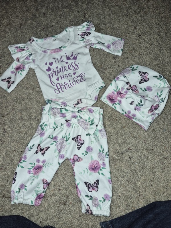 Girls 3 Piece Floral Butterfly Outfit Set White Purple Pink Bodysuit Pants Hat