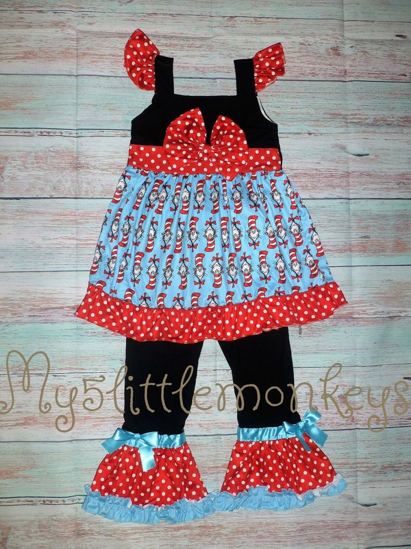 NEW Dr Seuss Cat in the Hat Ruffle Tunic Dress Girls Boutique Outfit Set gallery