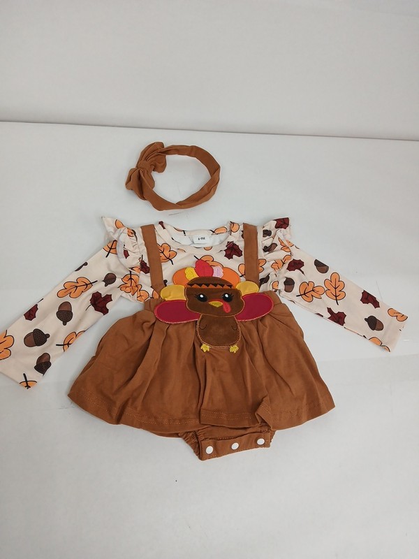 Girls Thanksgiving Outfit 6-9 Month Turkey Fall Leaves Long Sleeve