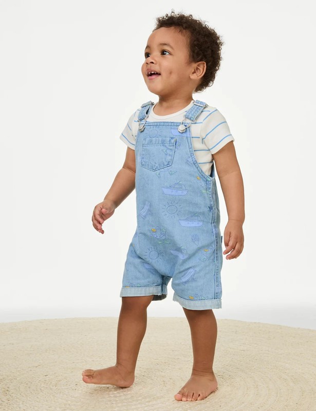 New M&S White Blue Striped T-shirt Denim Printed Dungarees Outfit Set 18-24M gallery