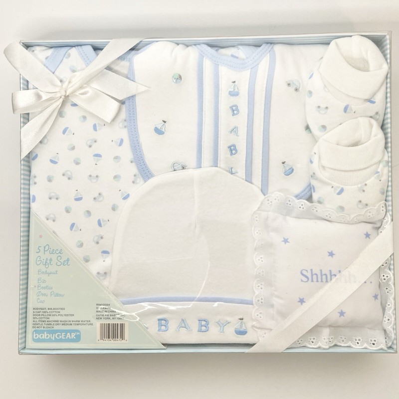 5pc Baby Boy Gift Set • Baby Gear • Bodysuit, Booties, Cap, Bib, Pillow