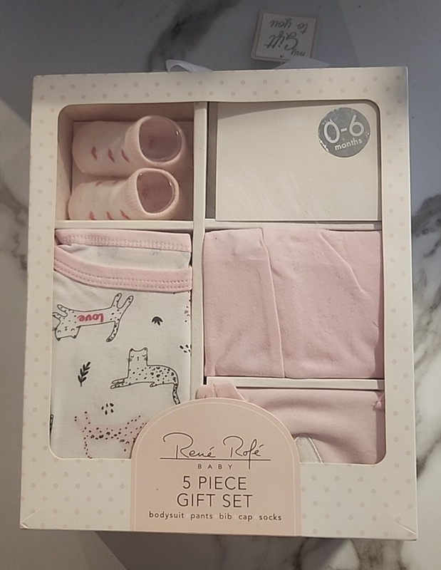 Rene Rofe Baby 5 Piece Gift Set, 0-6 Months, Kitten Theme Pink White No Pants