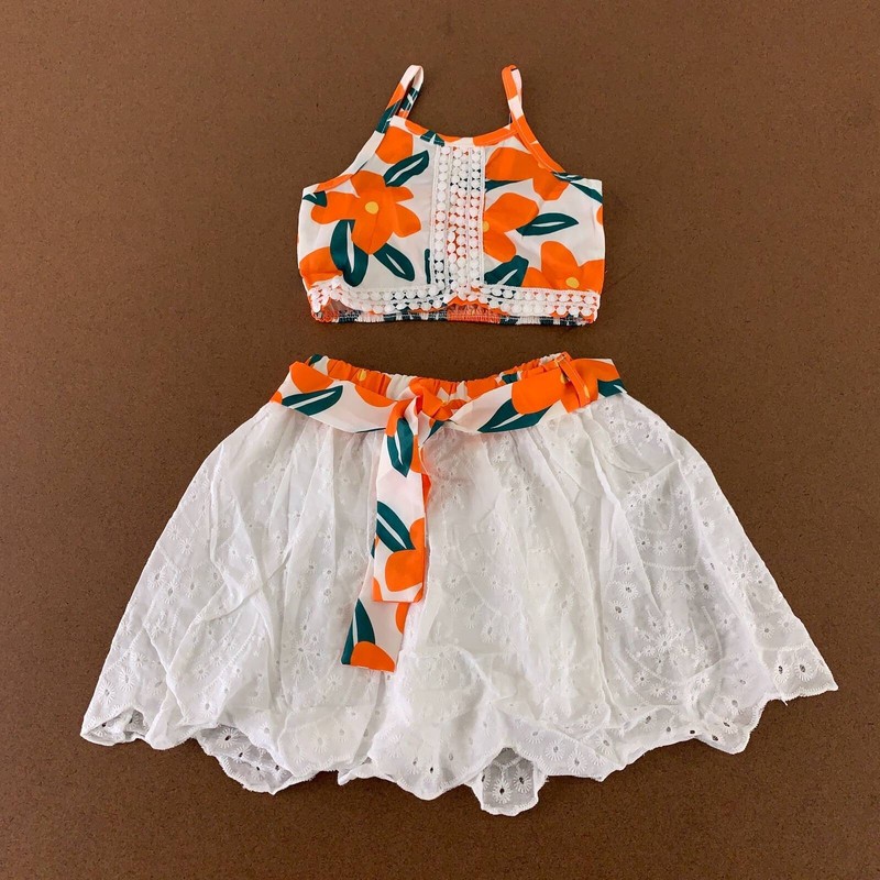 Skirt Set Baby Girls White Orange 2 Piece Floral Tank Top Tie 18-24 Months New