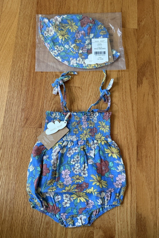 NWT Angel Dear Muslin Bubble Romper & Sun Hat Wild Daisies Floral Girls 12-18 Mo
