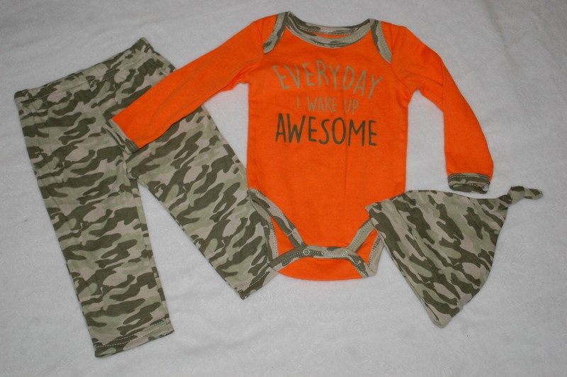 Baby Boys 3 PC OUTFIT Shirt Hat Pants I WAKE UP AWESOME Orange Green Camo 6-9 MO