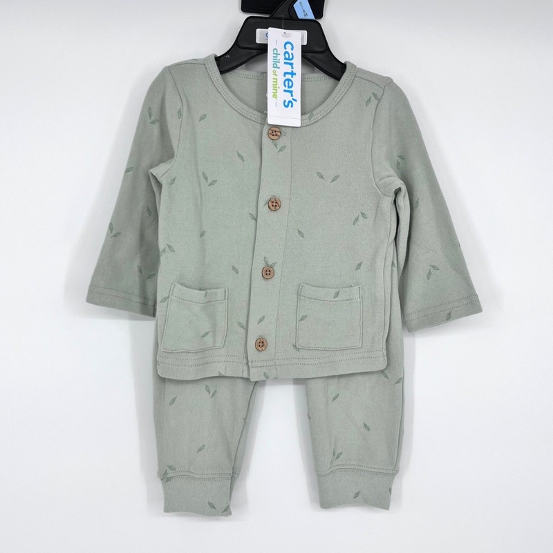 Carters Child of Mine 2-Piece Set Kids 3-6M Sage Green Leaf Print Cardigan Pants