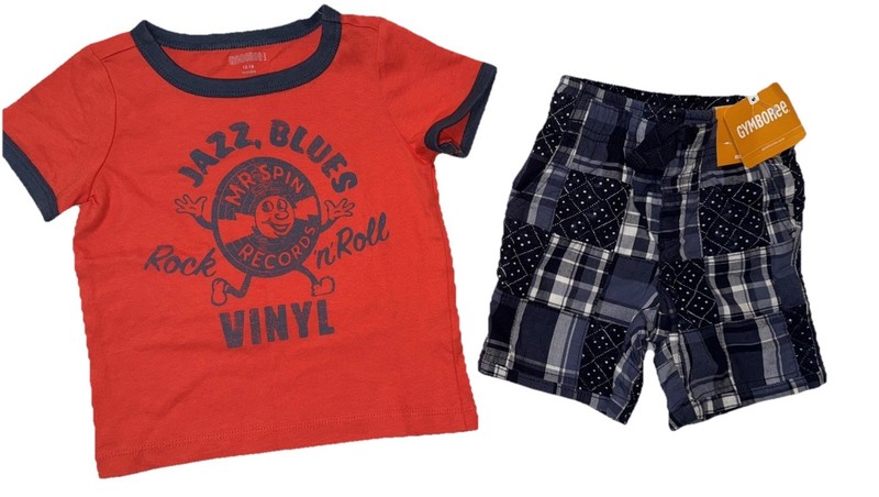 Gymboree Boys Size 12-18 Months Red T-Shirt Blue Madras Plaid Shorts New W/Tags