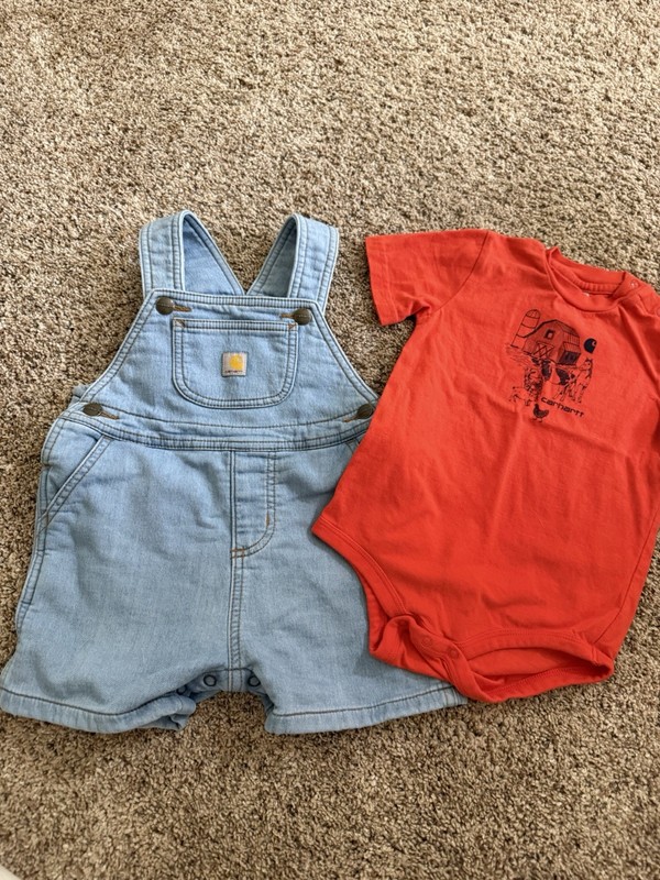 Carhartt 24M Denim Shortalls Overalls Orange Farm Animal Bodysuit Outfit Set