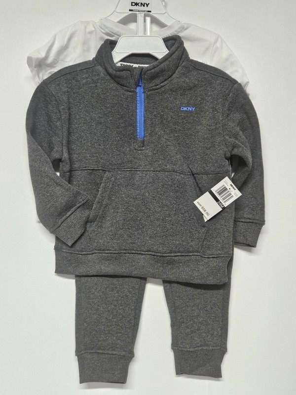 DKNY 24M, Set Of 3, Grey Pull Over Jacket/Grey Pants/ Crew Neck Logo T Shirt