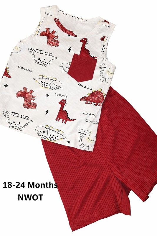 Dinosaur Print Ribbed Tank & Shorts Set Red White Pocket 18-24 Months