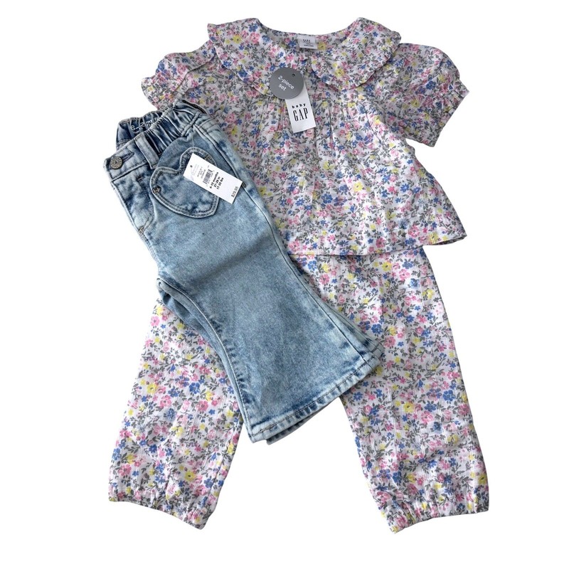 Baby Gap Lot of 2 Floral Pant Set /Heart Pocket Flare Jeans 6-12 Months NEW