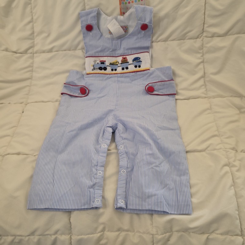 smocked Jumper Baby Boys 12M blue and white with train Embroidered outfit