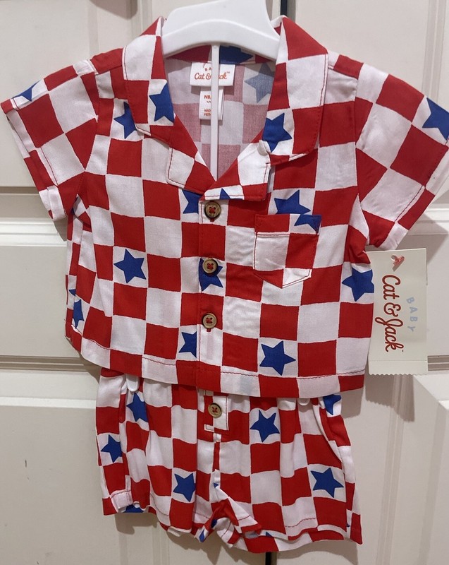 Cat & Jack Size Newborn Boy Red White & Blue Star Short Sleeve Rayon Outfit Set