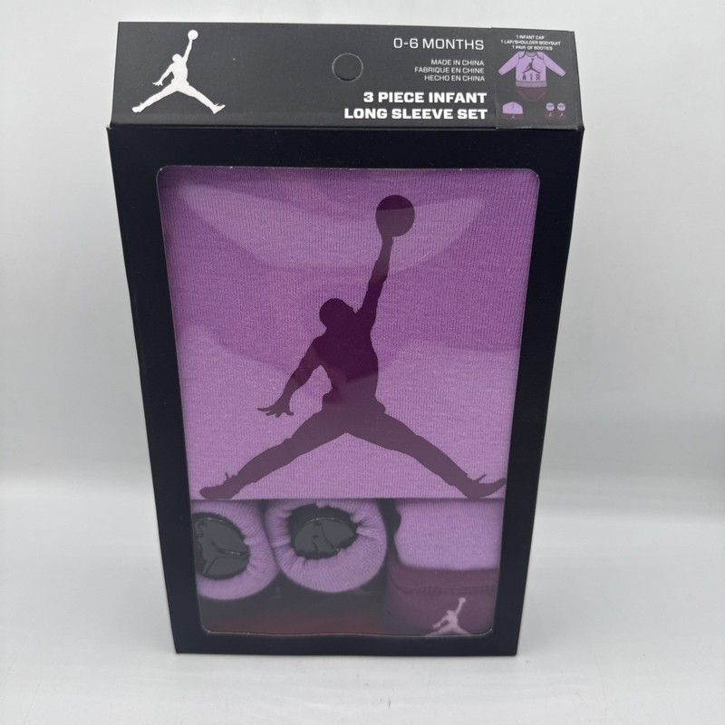 3 Pc Nike Jordan Infant Baby Girl Outfit 0-6 Months Hat Booties Bodysuit Purple