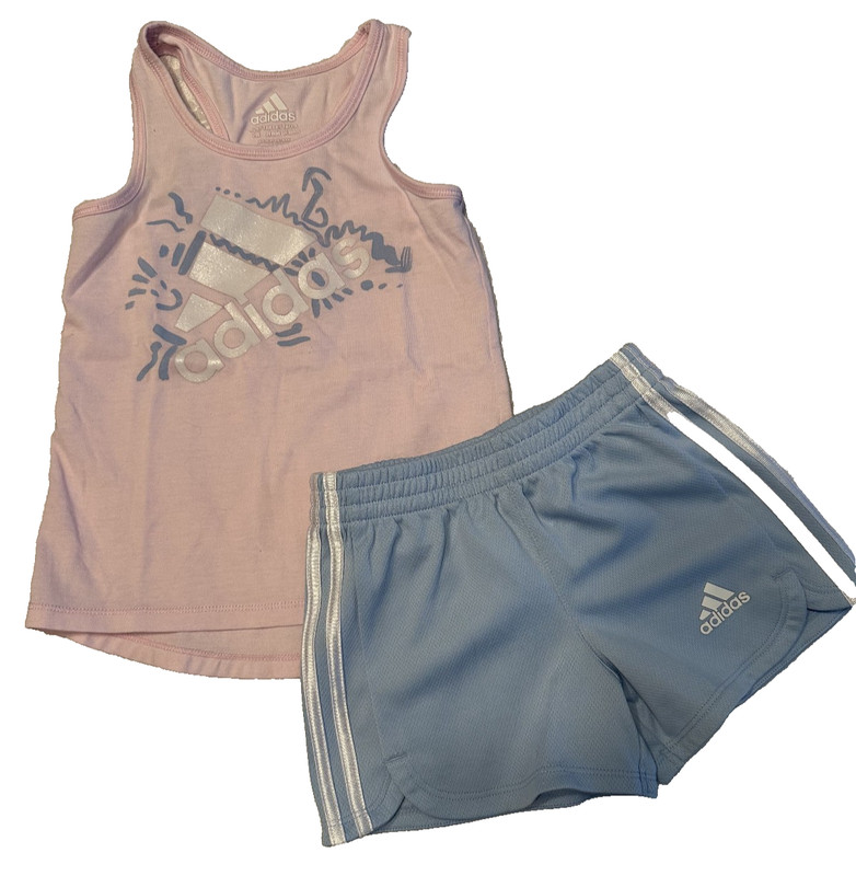 Baby Girls 24 mo 2T ADIDAS Pink Logo Tank Top & Blue Stripe Logo Athletic Shorts