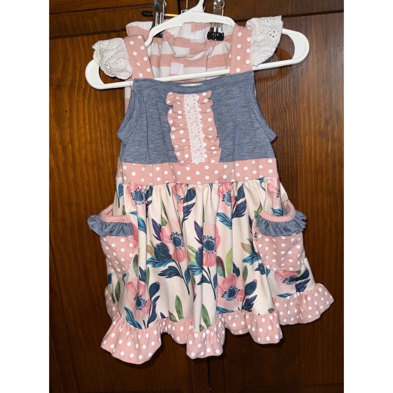 Adorable Sweetness Girls Floral Polka Dot Tunic and Striped Ruffle Pants Set 2