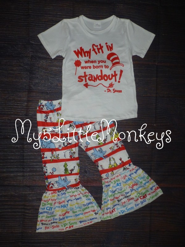 NEW Dr Seuss Cat in the Hat Shirt & Bell Pants Girls Boutique Outfit Set