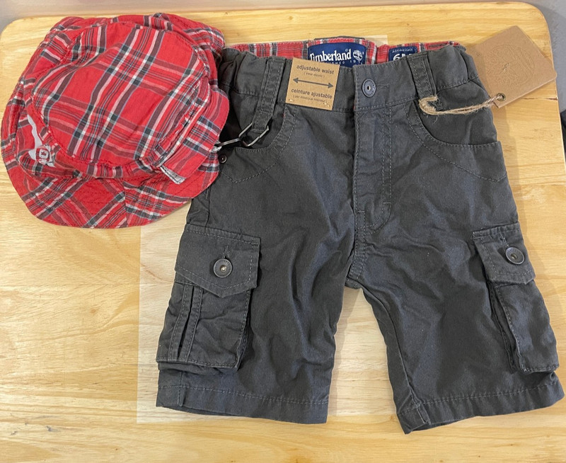 Timberland Baby Boy Short + Foldable Hat Set, Cotton, 6 Month, Olive Green, New, gallery