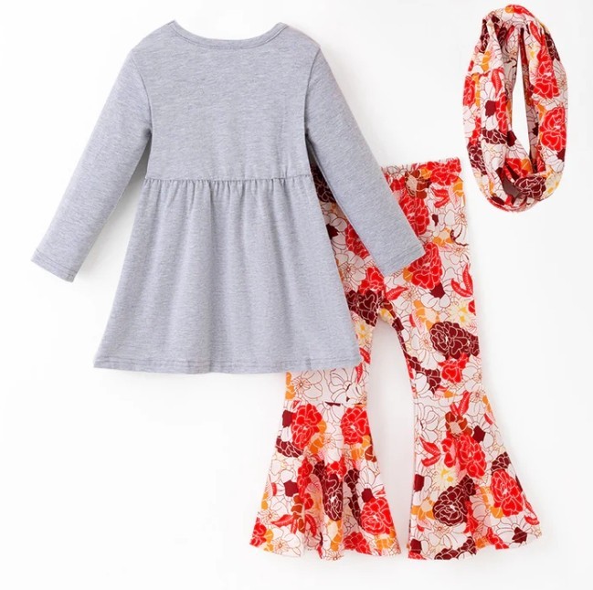 NEW Boutique Thanksgiving Turkey Girls Tunic Floral Bell Bottoms & Scarf Outfit gallery