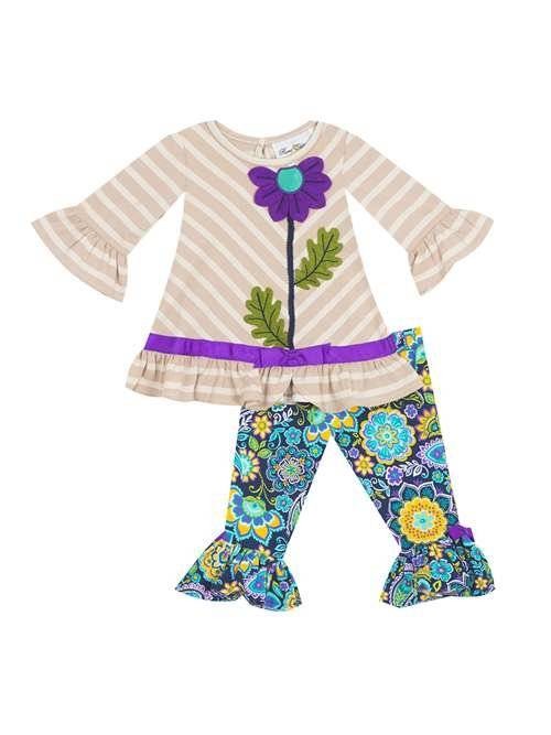 Rare Editions Taupe Stripe Purple Navy Floral Ruffled Legging Set 6-9 Months