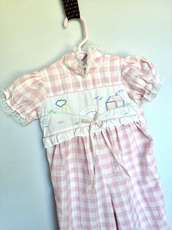 Vtg Baby Girls Romper 12M Petit Ami Pink Plaid Lace Embroidered Heirloom Cottage gallery