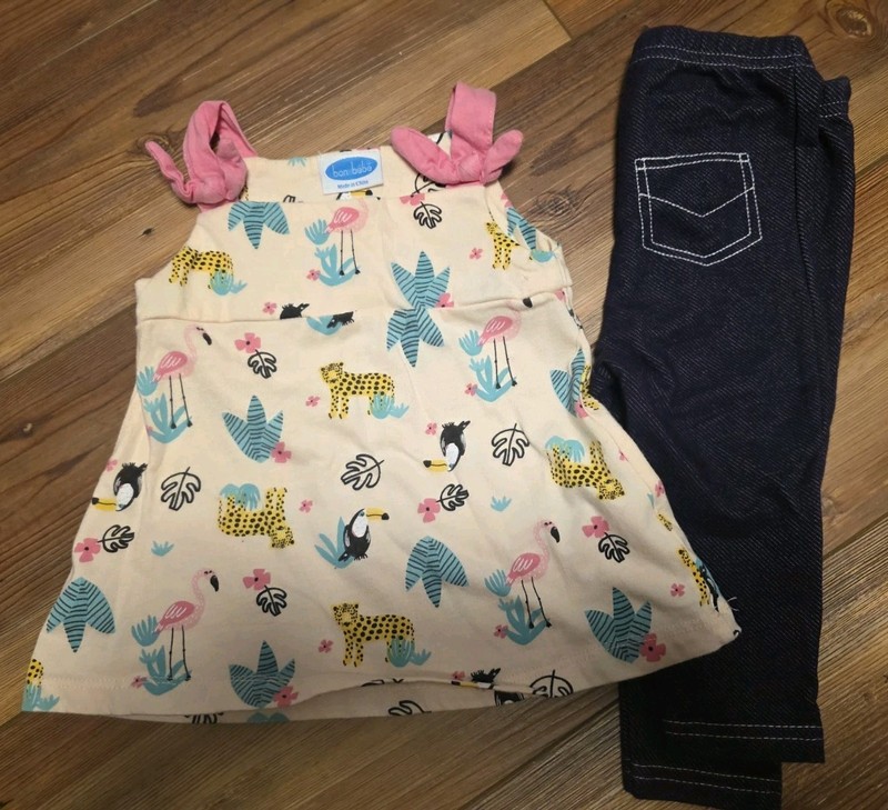 Bon Bebe 6-9 Month Tank Denim Pant Outfit Flamingo Toucan Cheetah Baby Girl