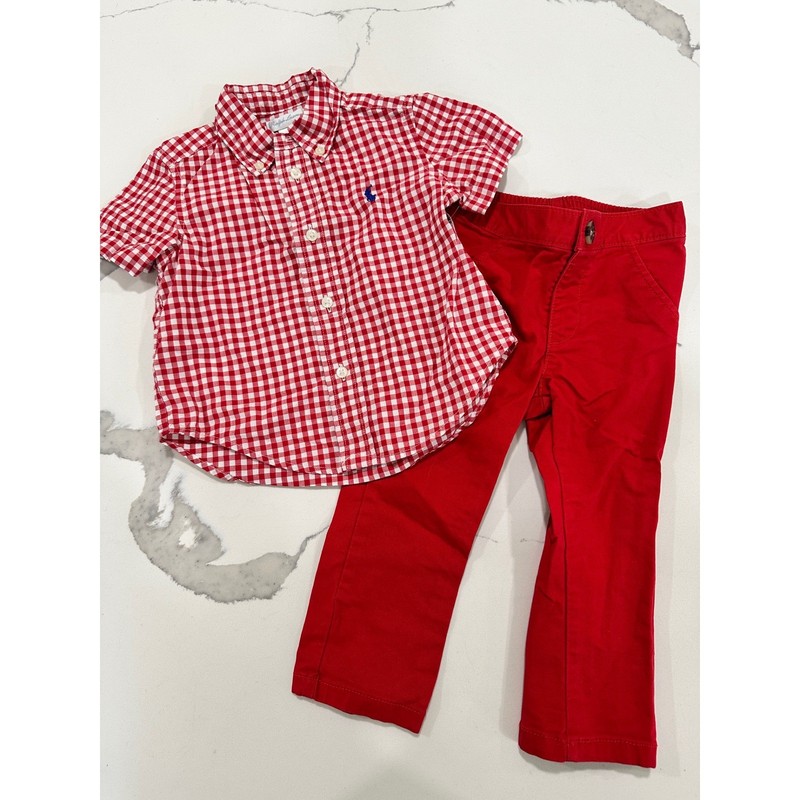 Ralph Lauren Old Navy Baby Boys Outfit Set Red Gingham Check Shirt Pants 12M