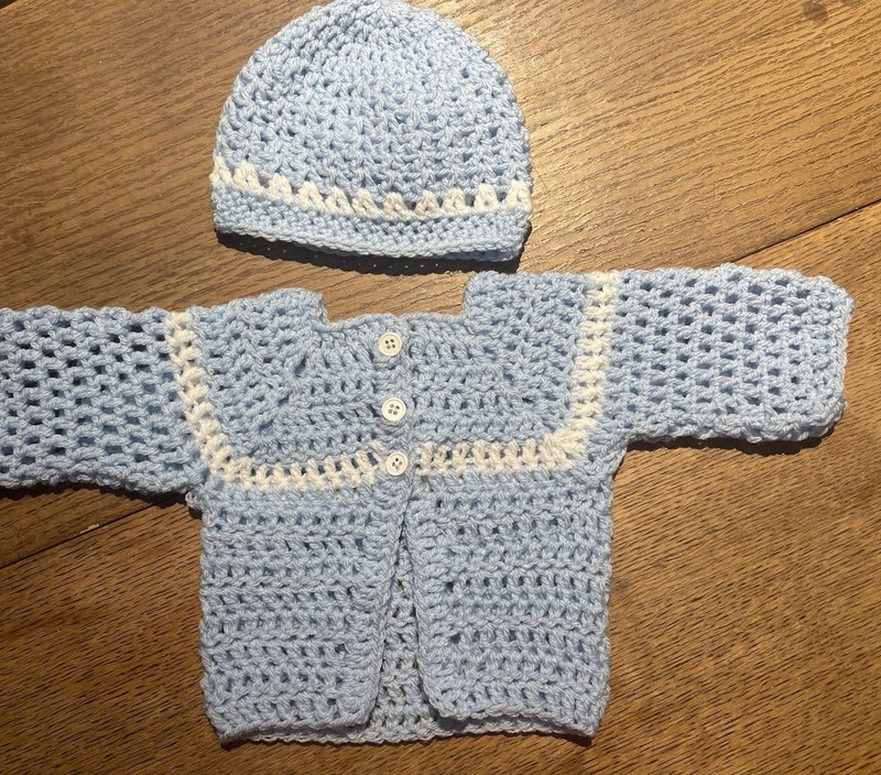hand crocheted baby Sweater And Hat. Perfect Gift For Newborn Fits 0-3 Mo