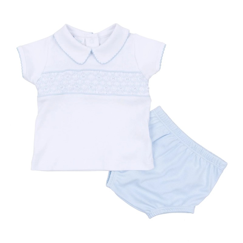 NWT Magnolia Baby Boys 9M White Blue Pima Smocked Walkers Diaper Set 9 Months