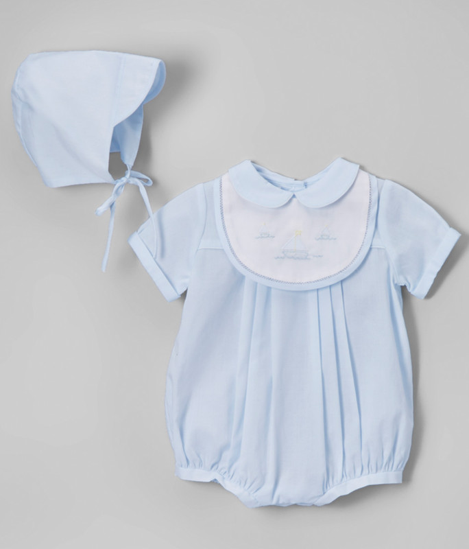 NWT Petit Ami Blue Sailboat Bib Romper 6 Months 6M Hat Baby Boys Bubble 3pc gallery