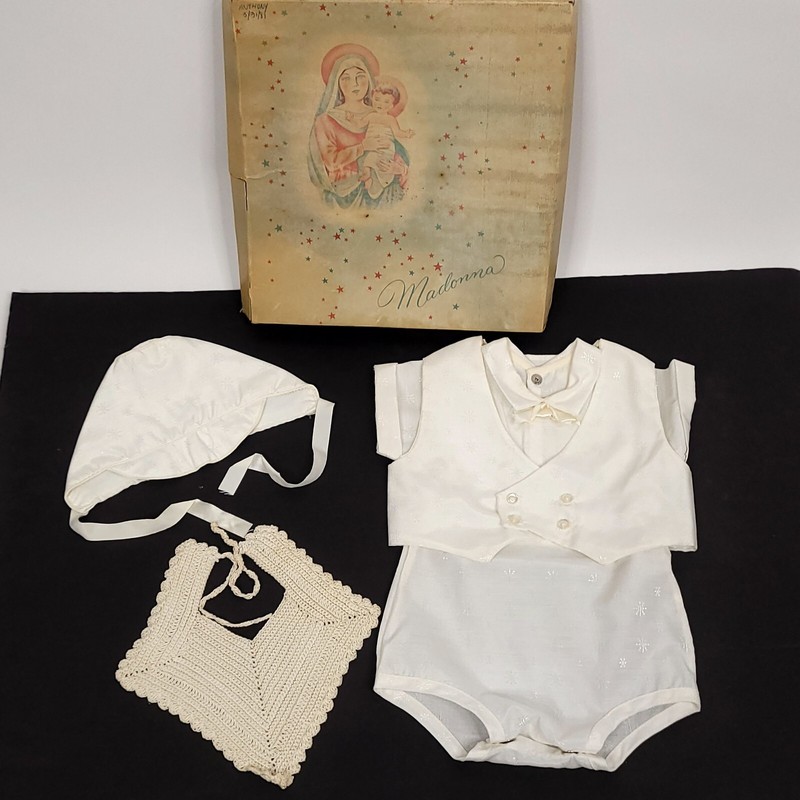 VTG Baby Boy Christening Baptism Bubble Romper Hat Vest Bib Set Ivory 4 Pc 80s