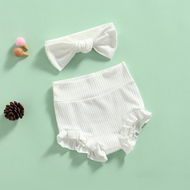 Newborn Infant Baby Girl Ruffle Short Pants Solid Headband Clothes Outfits Set
