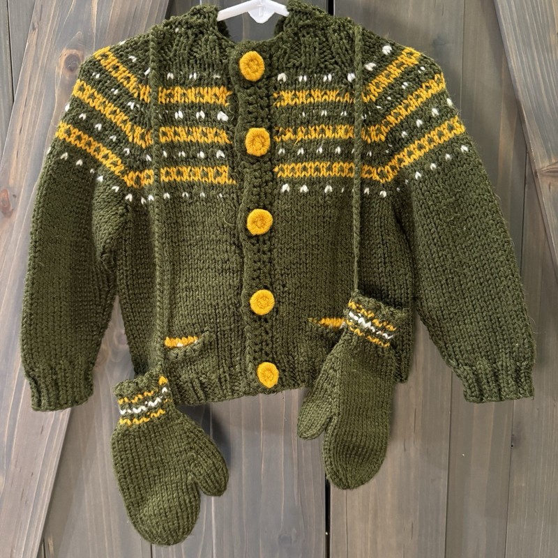 Hand Knit Nordic Hooded Sweater & Mittens Set Baby 6-12M Olive Green Fair Isle