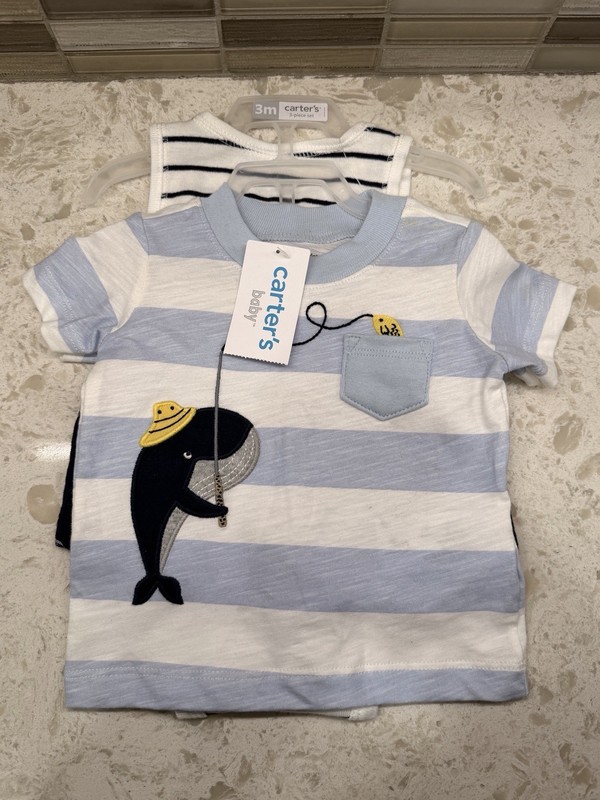 Carter’s 3 Piece Baby Outfit 3 Month, New, Blue And White, Whale Fishing