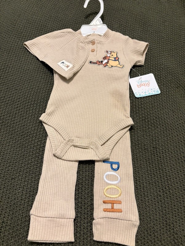 NWT Disney Baby Boys Sz6-9M Tan S/S Pooh Bear Bodysuit, Pants, Hat READ