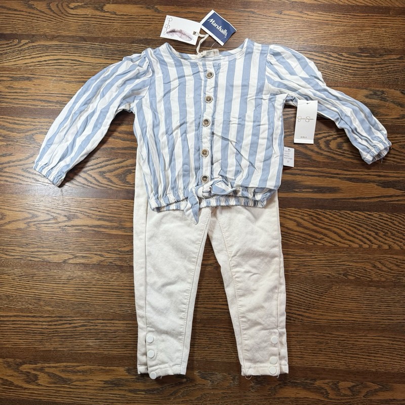 Jessica Simpson Blue White Button Shirt Light Khaki Button Cuff Pants 3T NWT