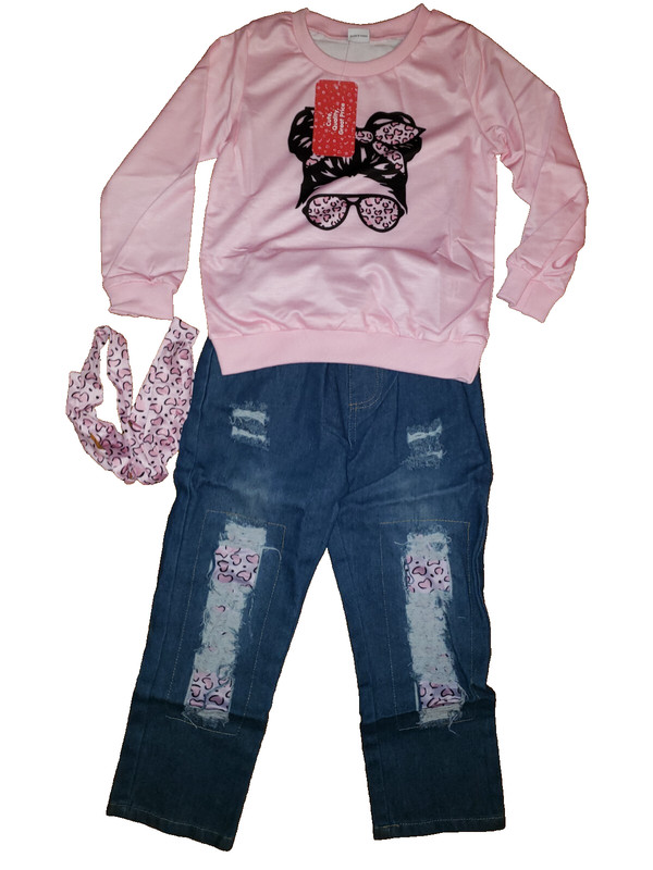 NWT Toddler Girls 2-pc Pink Top & Blue Jeans Fall Set size 5-6