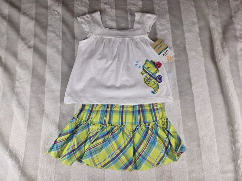 Carters Baby Girl 2 Piece Seahorse Green Plaid Skort Outfit Size 12 Months NWT