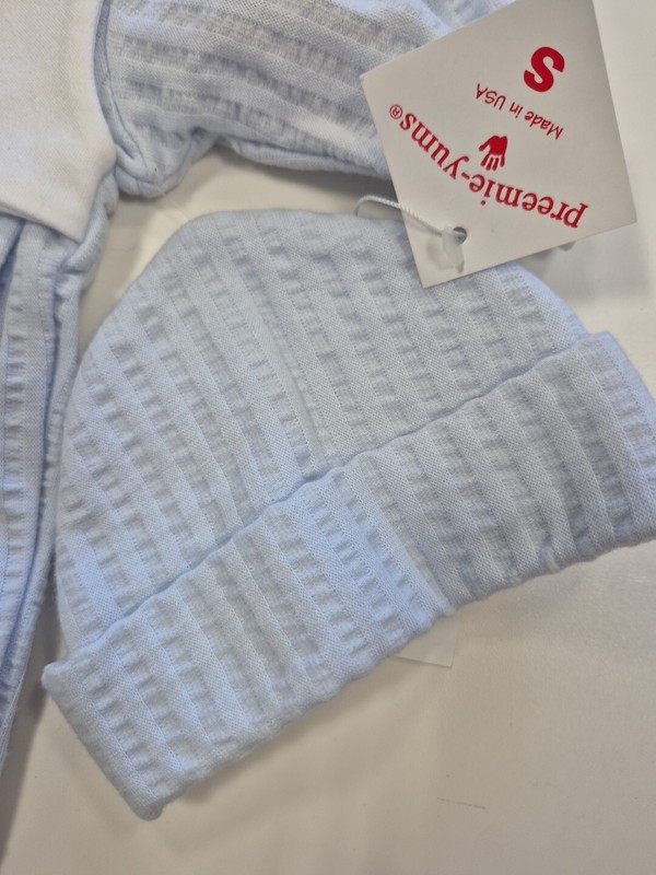 Preemie-yum Blue Romper With Hat. Vest Is Connected At Shoulders And Side gallery