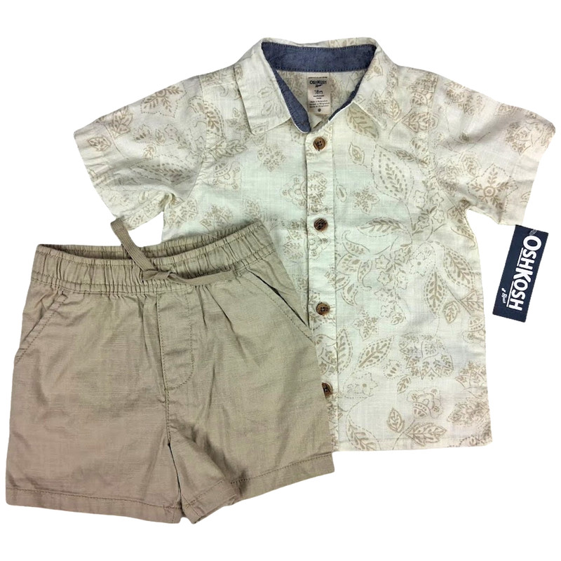 Oshkosh Baby Boy 18 Mos Shorts Button Down Collared Shirt Outfit 2pc Tan Beige