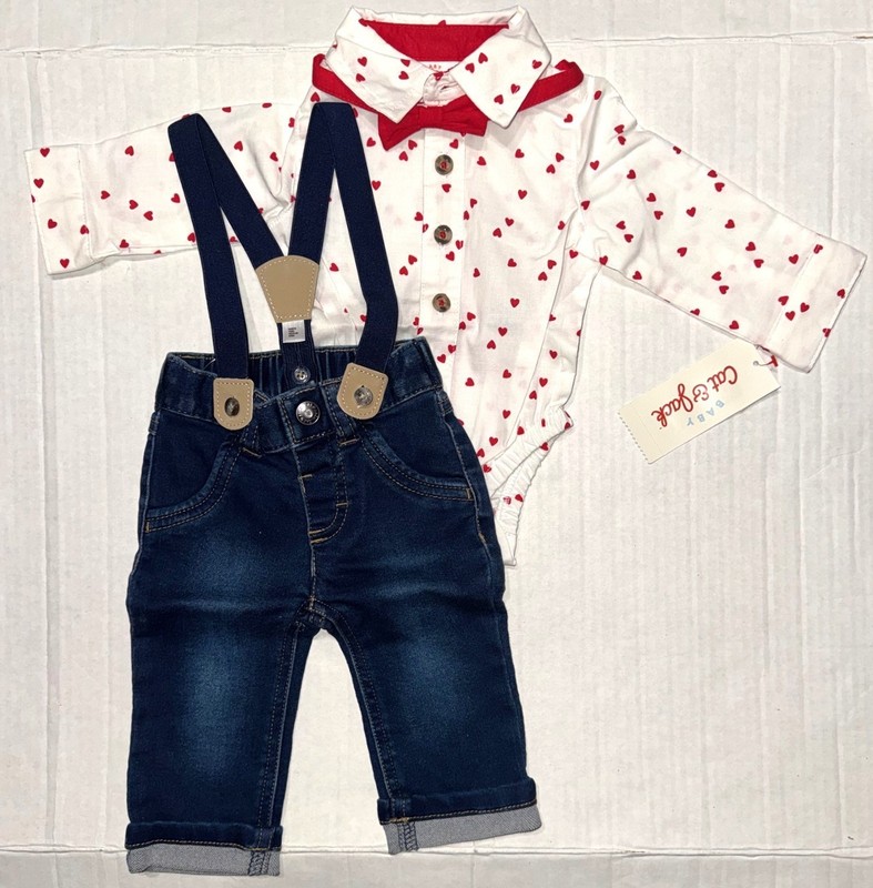 CAT & JACK 3 piece set denim/white/red HEARTS motif size NEWBORN