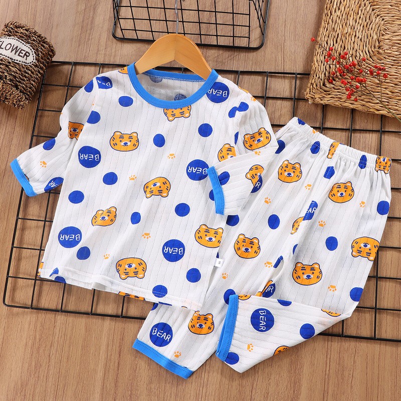 100% Cotton 2Pcs Pajamas Baby Kid Toddler Boys Cartoon Prints Mesh Long Sleeve