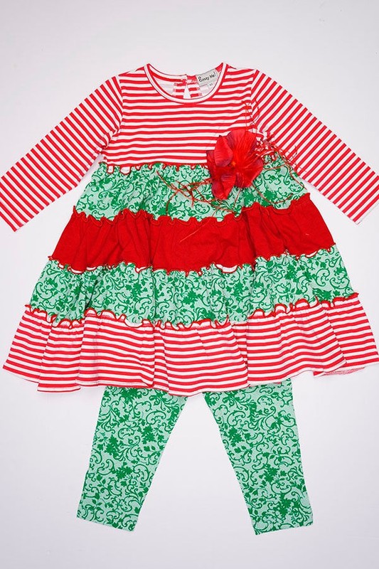 Green and Red Stripe Tiered Dress & Legging