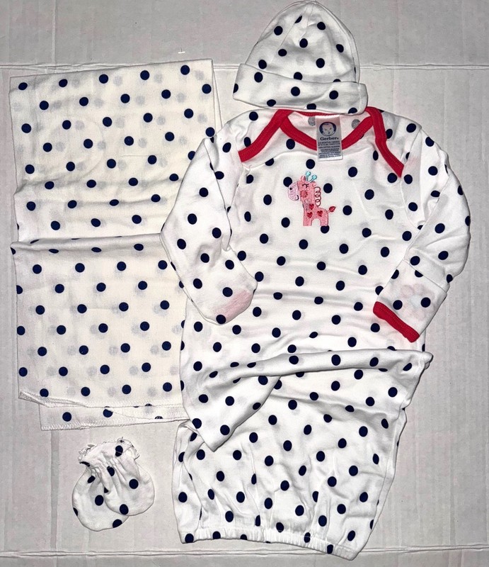 GERBER 4 piece set white/navy/pink polka dots GIRAFFE motif size 0-6 months