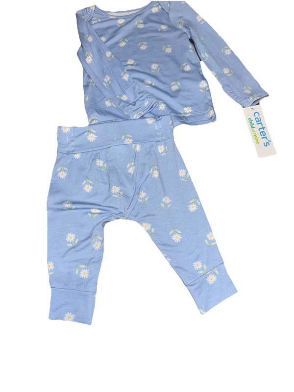 Preemie Carters Baby Girls 2 Piece Set, Blue, Flowers