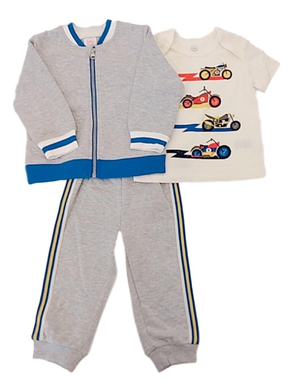 Infant Boys Gray & Blue Motorcycle Themed 3-Piece Jogger Outfit Set 0-3M